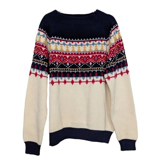Vintage 70s JCPenney Sweater Mens Size Medium White Blue Knit Fair Isle Acrylic - Picture 1 of 11